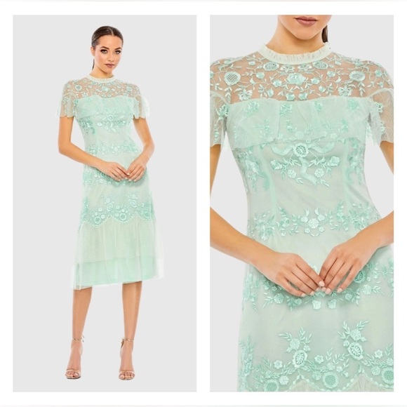 MAC DUGGAL A35147 NWT Embroidered Ruffled Cap Sleeve Midi Dress - Picture 1 of 8